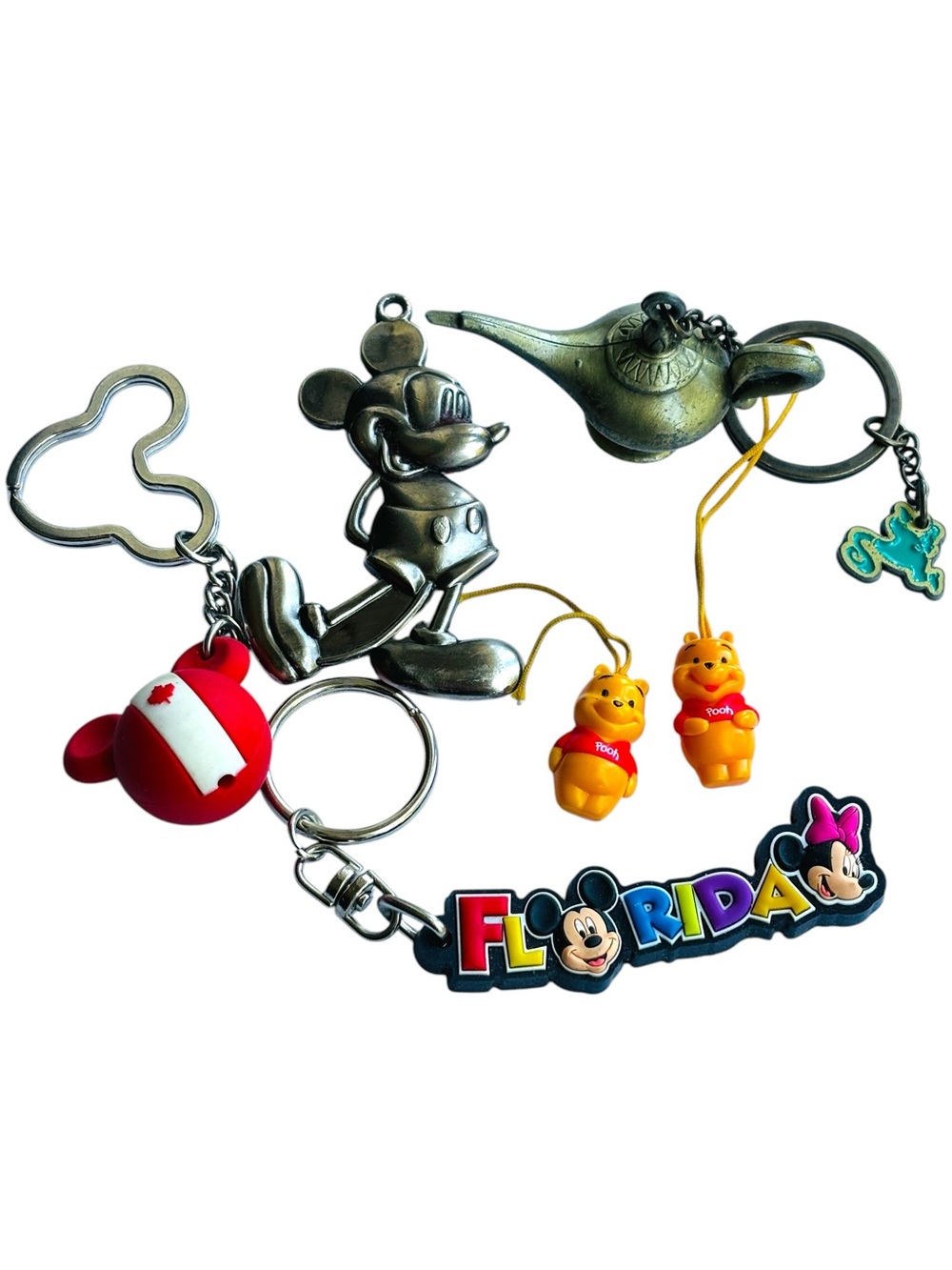 Disney Mixed Keychain Lot Mickey Pooh Aladdin Florida Canada Souvenir Charms